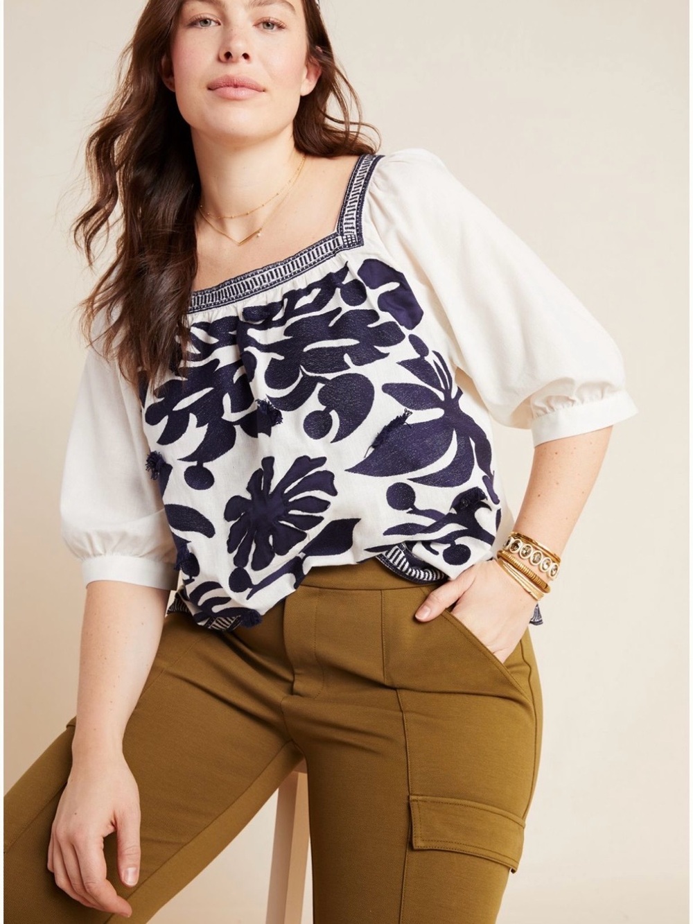 Anthropologie Maeve Liyah Cotton Linen Blend Embroidered Peasant Blouse Top 12